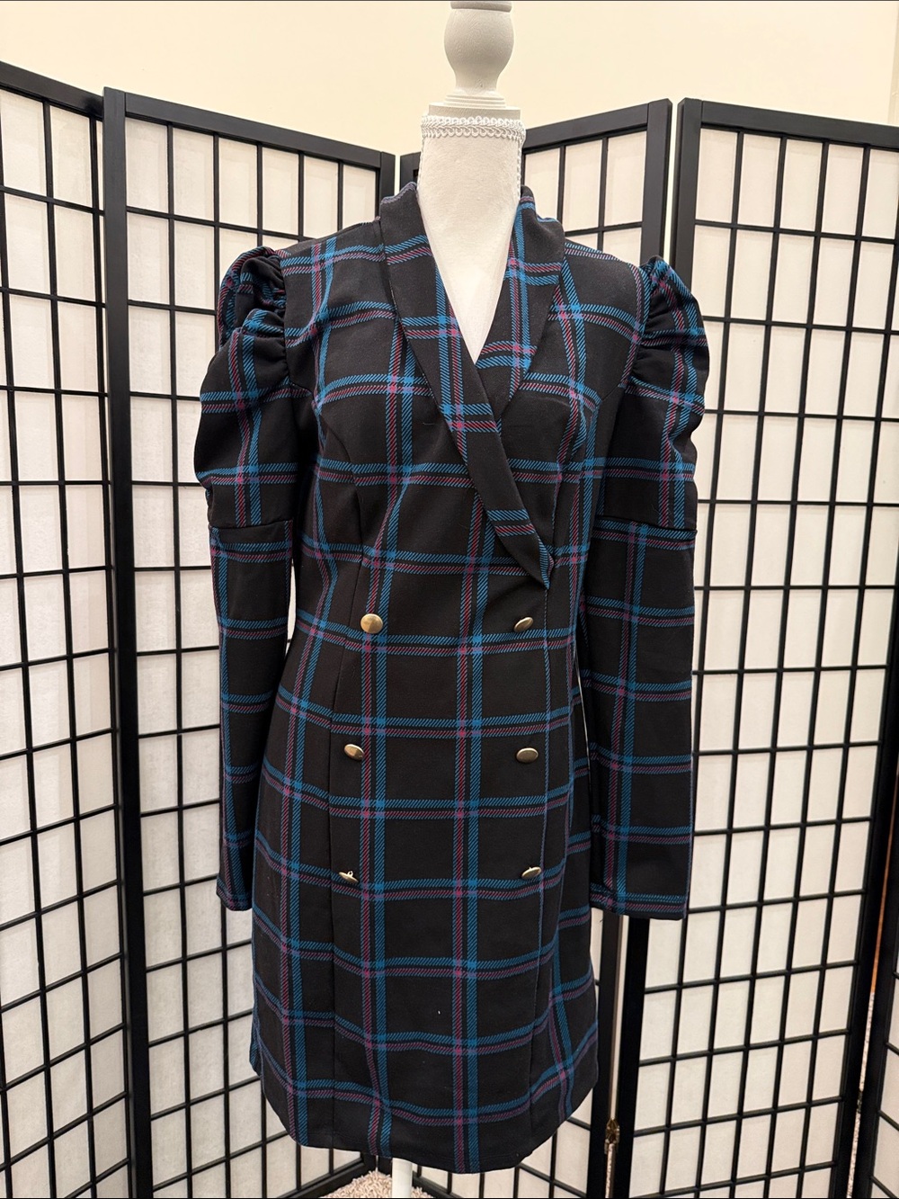 Black Plaid Double-Breasted Puff Sleeve Dress with stretch